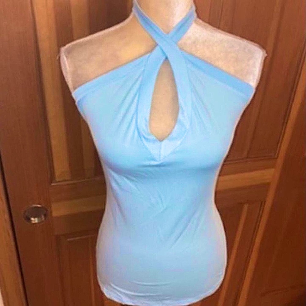 NWT, Lavishly Paris Baby Blue Cross Halter Top. Size Small